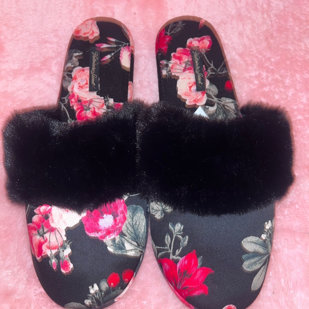 Victoria's Secret Black and Pink Floral Slippers Large